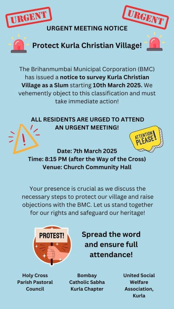 Meeting called by senioe East Indians Leaders and other Human Rights activists to protest against the BMC (Government officials) posting of notice to survey the "Christian Village" of Kurla by declaring it as a SLUM
